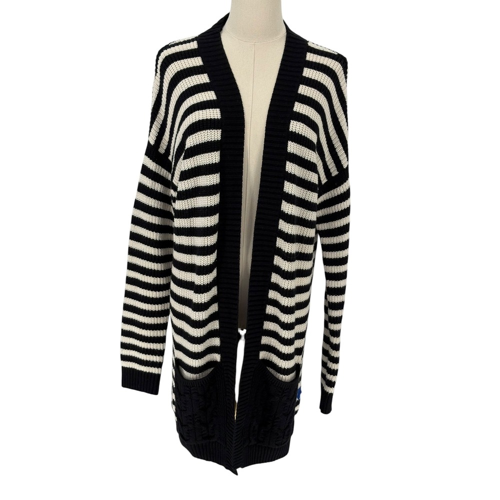 Express Cardigan Sweater Black White Striped Cable Knit Pocket Medium